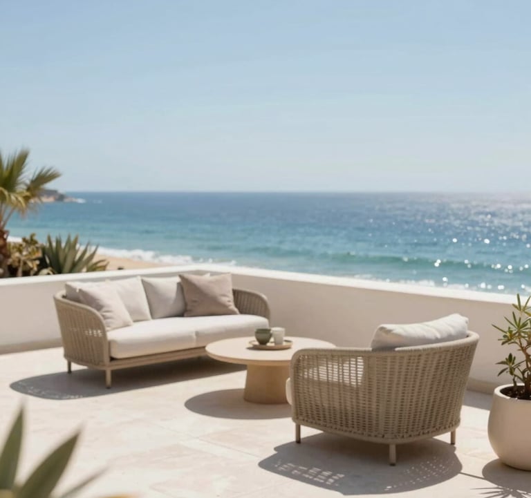 A sun-drenched terrace overlooking the Atlantic ocean in the Algarve. Stylish outdoor lounge furniture in neutral tones. The scene projects a lifestyle of effortless luxury and high rental appeal.