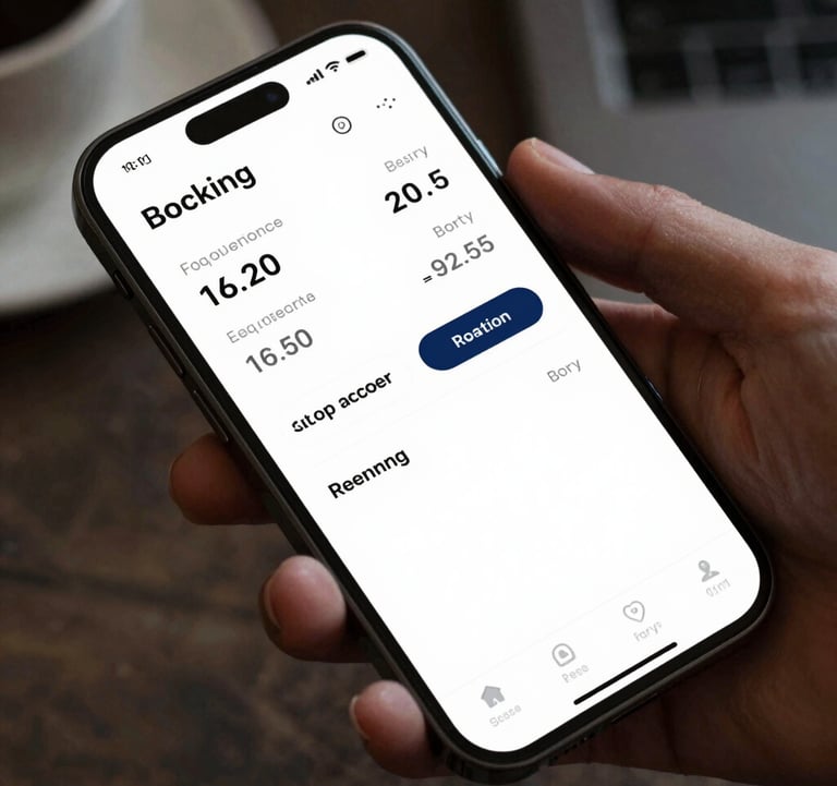 Close-up of a high-end smartphone showing a booking dashboard with high revenue numbers. Clean interface, elegant fingers, luxury workspace setting.