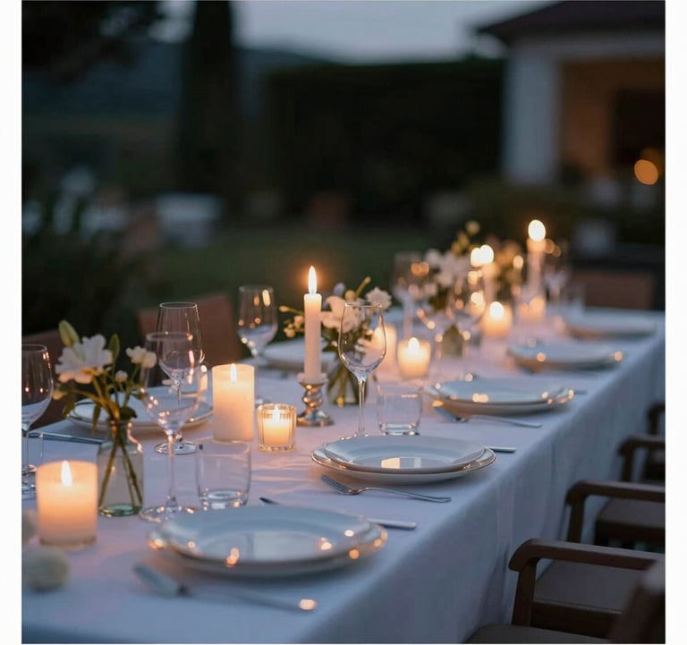 An elegantly set dinner table on a terrace at twilight, with candles and high-end glassware. Focus on hospitality.