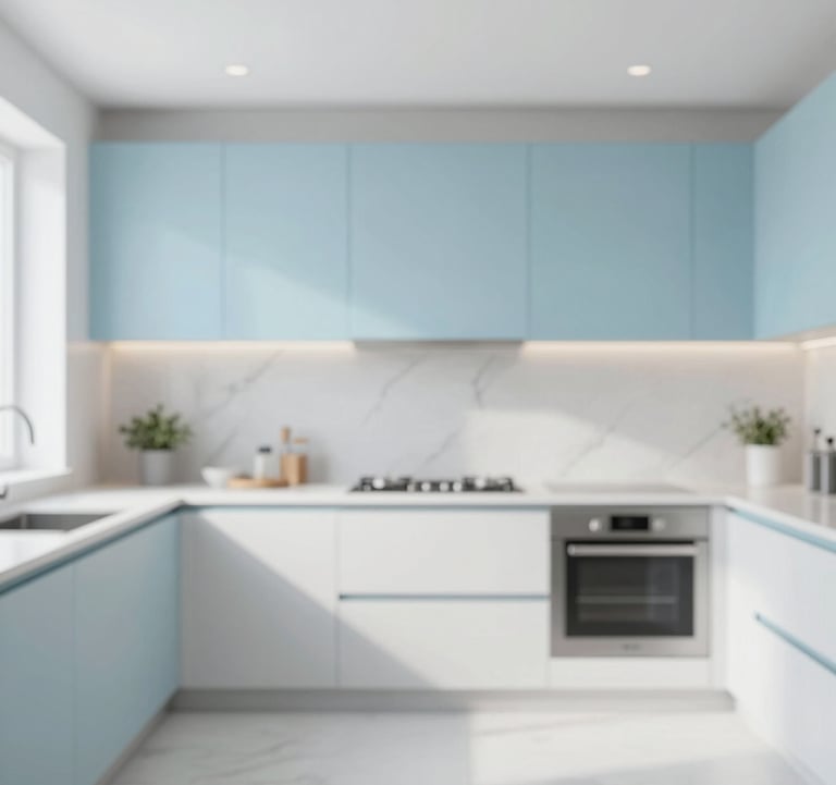 A bright, high-end kitchen of a managed property in Algarve, clean lines, white marble, and minimalist decor. Incorporates soft blue #B4C5CB accents.
