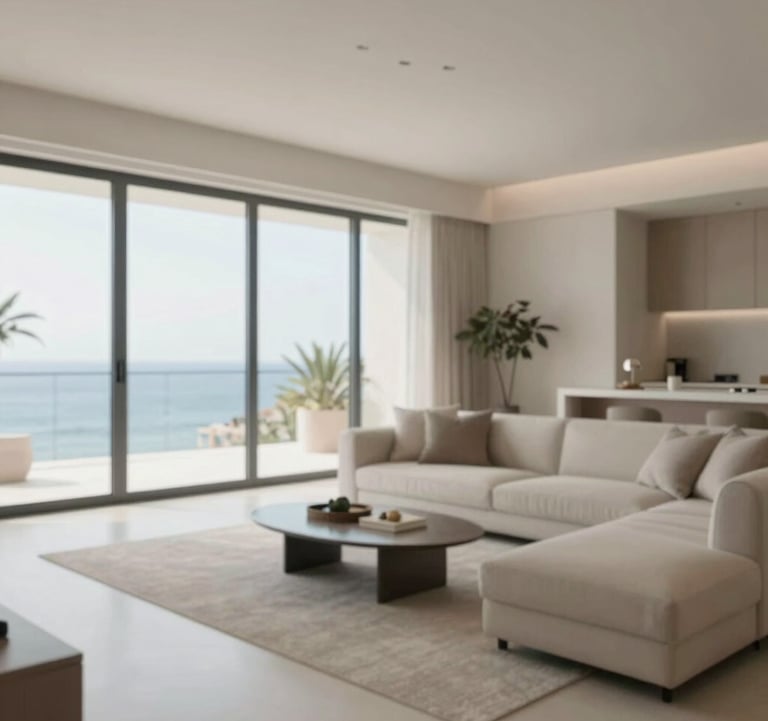 A serene living room of a luxury apartment in Vilamoura, featuring floor-to-ceiling windows and premium furniture in neutral #F7F9FB tones.