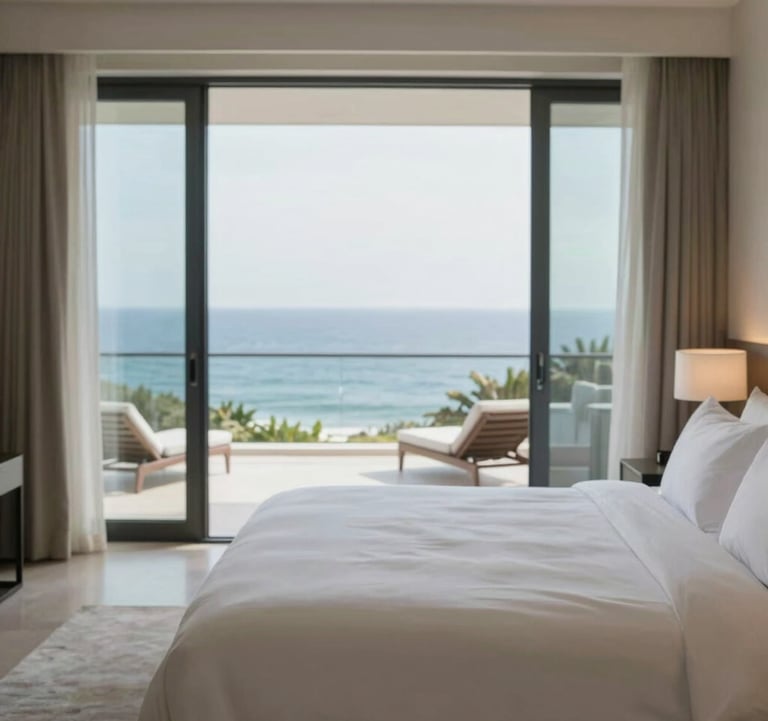Luxury villa bedroom with crisp white linens and a balcony view of the ocean. Peaceful and premium vibe.