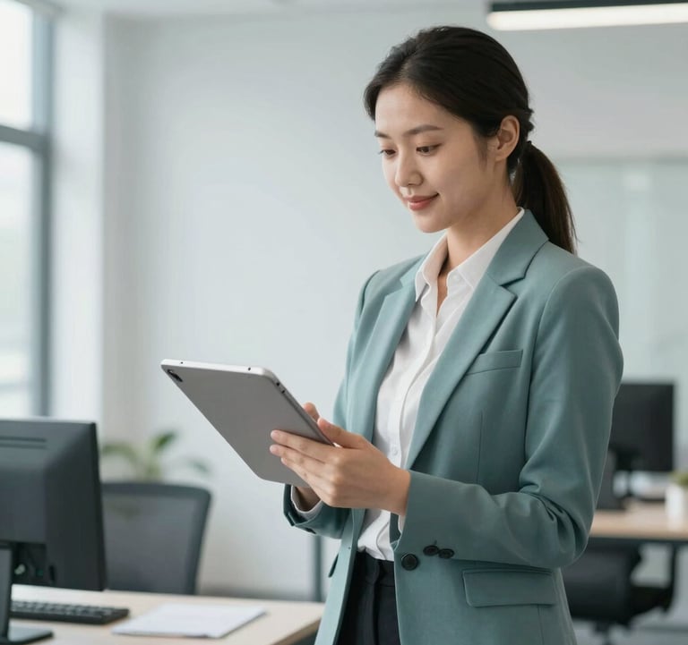 A professional property manager in smart-casual attire using a tablet to manage bookings. The setting is a bright, high-end office with accents of #4A6D7C. Clean, organized, and sophisticated atmosphere.
