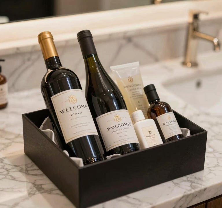 Detailed shot of a professional welcome kit on a marble countertop, featuring premium local wine and high-end toiletries, symbolizing the luxury guest experience.