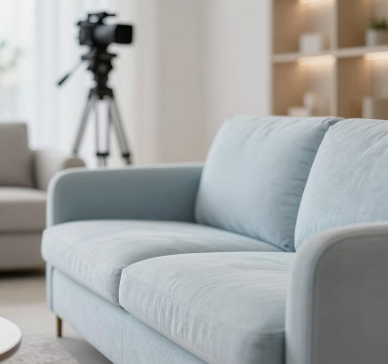 Close-up of a high-end interior design set in a bright Algarve lounge. Minimalist furniture, premium fabrics in #B4C5CB and #F7F9FB tones, and a professional camera on a tripod visible in a reflection, suggesting professional staging and photography services.