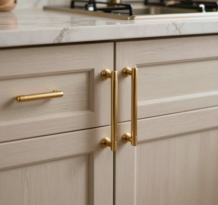 A close-up photograph of luxury kitchen cabinetry with custom champagne gold hardware. The wood has a subtle, expensive matte finish, showcasing architectural-level craftsmanship in a North American / Californian home setting.