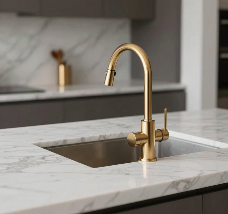Close-up photography of a minimalist luxury kitchen island in a North American home, featuring white marble surfaces with subtle gray veins and sleek champagne gold faucets.