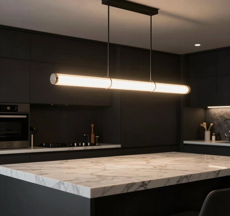 A dramatic shot of a designer lighting fixture hanging over a polished white marble countertop in a luxury Los Angeles kitchen. The lighting creates a warm glow against the matte black surroundings, emphasizing a high-end design studio aesthetic.