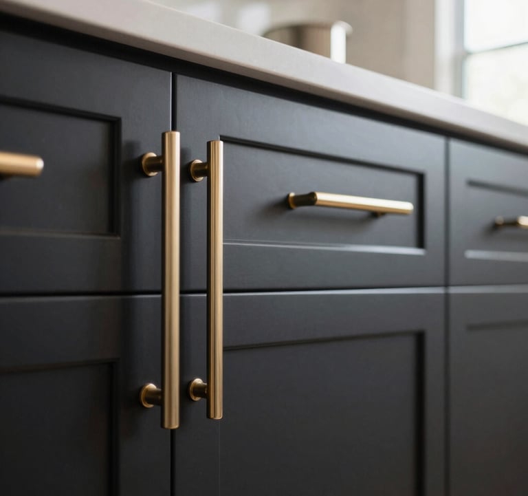 A detailed close-up of custom matte black cabinetry with integrated champagne gold handles, showing architectural precision and premium hardware in a bright North American / Californian home.