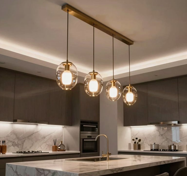 Elegant low-angle shot of designer lighting fixtures hanging over a sleek kitchen island in a luxury Los Angeles residence.
