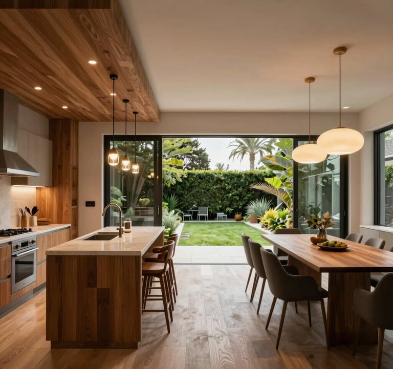 A spacious open-plan kitchen and dining area in a Los Angeles home. Features warm wood accents, custom designer lighting, and floor-to-ceiling glass doors opening to a garden.