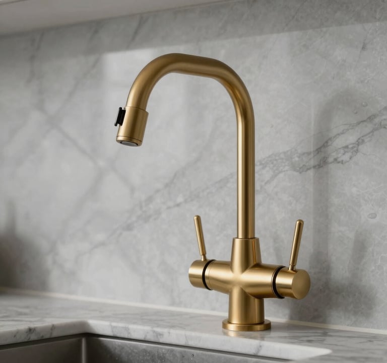 Detail shot of champagne gold faucet and hardware against a backdrop of marble gray backsplash in a luxury North American kitchen. Architectural lighting highlighting the textures and clean lines.