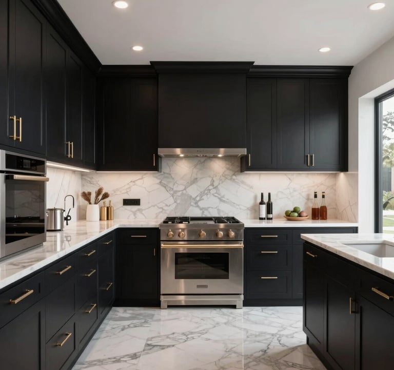 Luxury open-plan kitchen layout in a Californian mansion. High-end cabinetry in matte black contrasted with champagne gold handles and bright marble flooring.