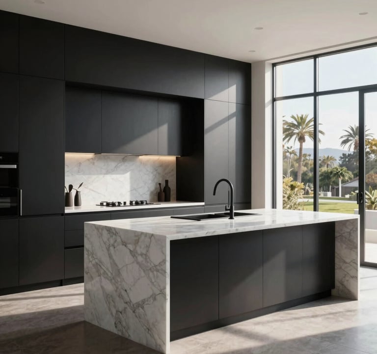 A minimalist luxury kitchen featuring matte black floor-to-ceiling cabinets and a waterfall white marble island. Natural California sunlight streaming in through floor-to-ceiling windows.