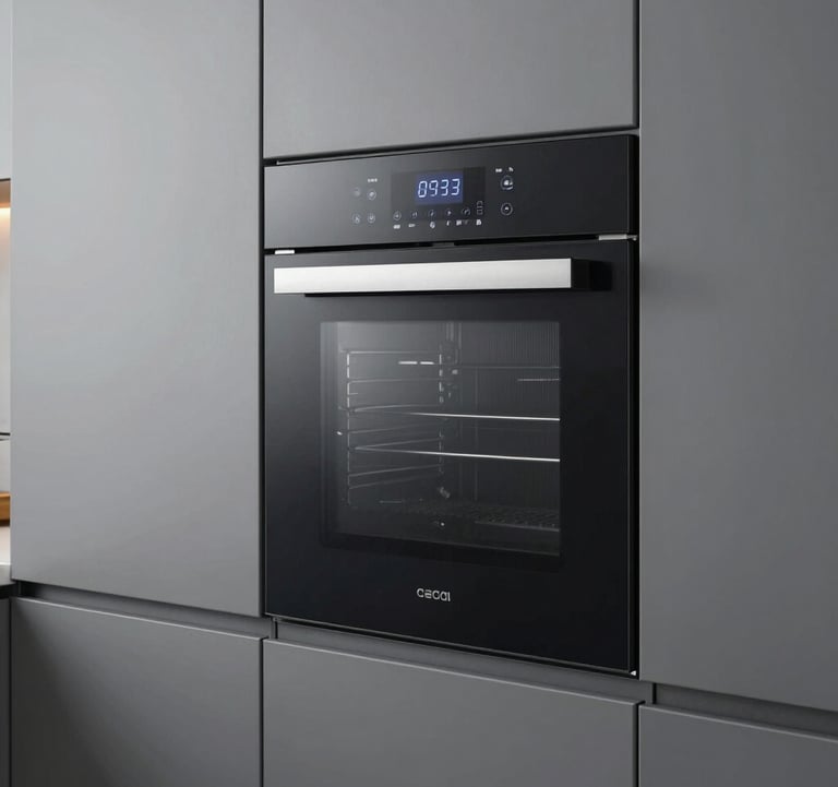 Detailed shot of integrated smart kitchen technology inside a matte gray cabinet. High-end North American / Californian interior design aesthetic.