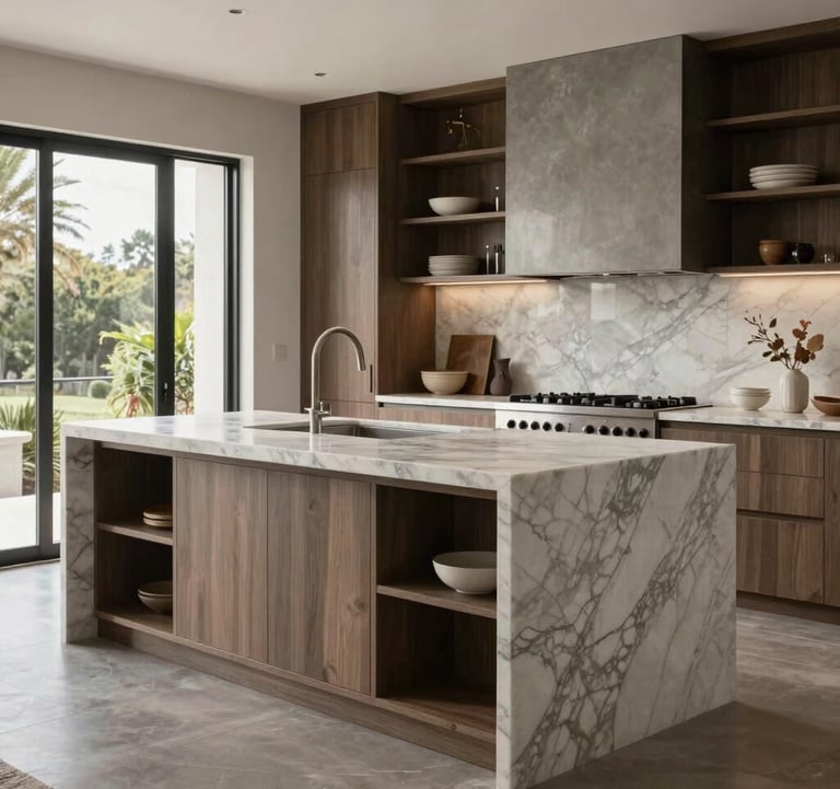 Professional photography of a high-end kitchen transformation featuring a massive marble island and custom storage solutions in an architectural Californian villa.