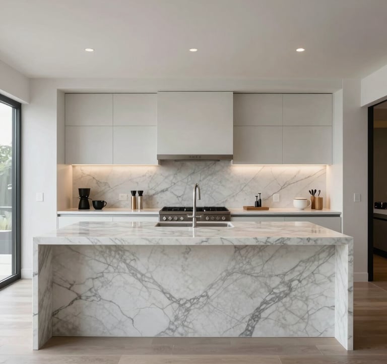 A symmetrical view of an open-plan luxury kitchen featuring a waterfall marble island and smart integration features. The composition is clean and architectural, highlighting the refined living space in a premium Los Angeles residence.