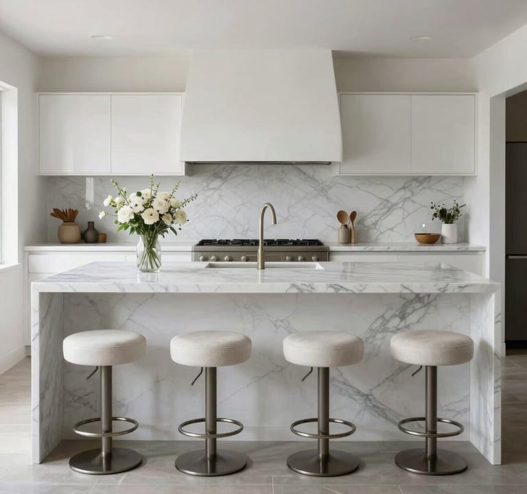 Symmetrical shot of an expansive white marble kitchen island with grey veining, featuring designer bar stools and minimal floral arrangement, soft natural daylight in a luxury Californian setting.
