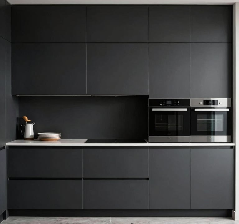 Modern minimalist kitchen with seamless matte black cabinetry and integrated appliances, emphasizing symmetry and architectural precision. North American setting.