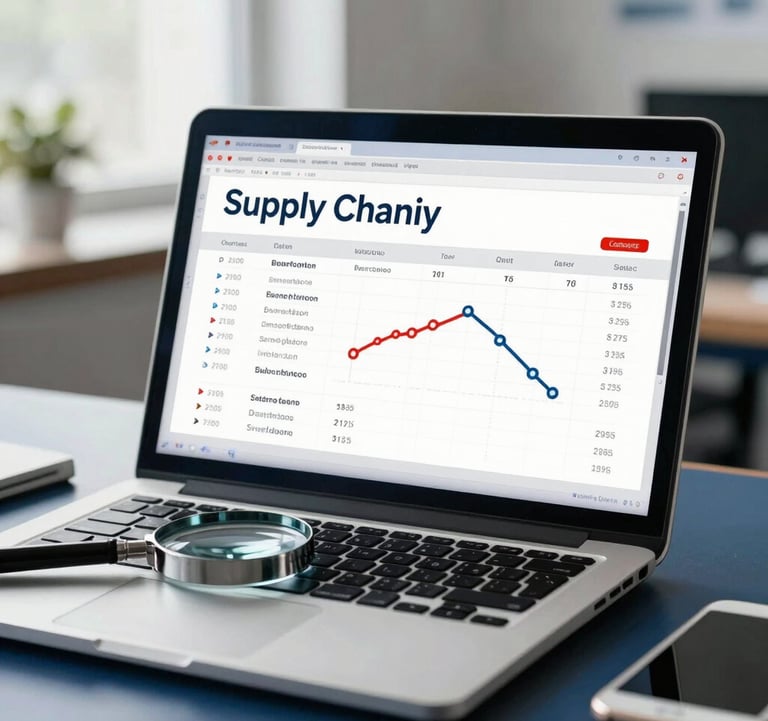 A professional photograph of a laptop screen displaying supply chain data, with a magnifying glass nearby, in a bright International / Business office setting with dark navy blue accents.