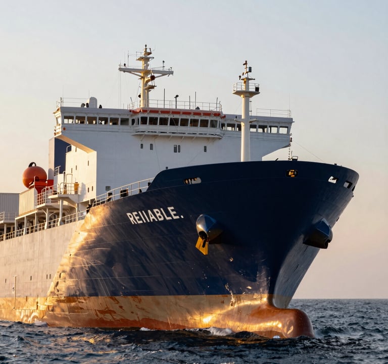 A crisp photograph of a modern International / Business cargo ship at sea, with dark navy blue hull and gold sunset highlights, symbolizing reliable global trade.