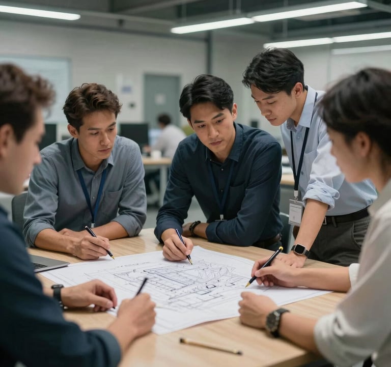 Photography of a team meeting around a blueprint in a factory office, collaborative and professional mood, International / Business context.
