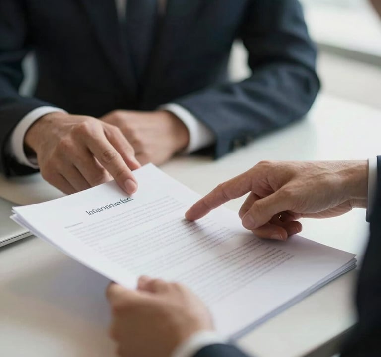 A close-up of a business meeting in an International / Business hub, professional hands pointing at a document, Soft Off-White lighting.