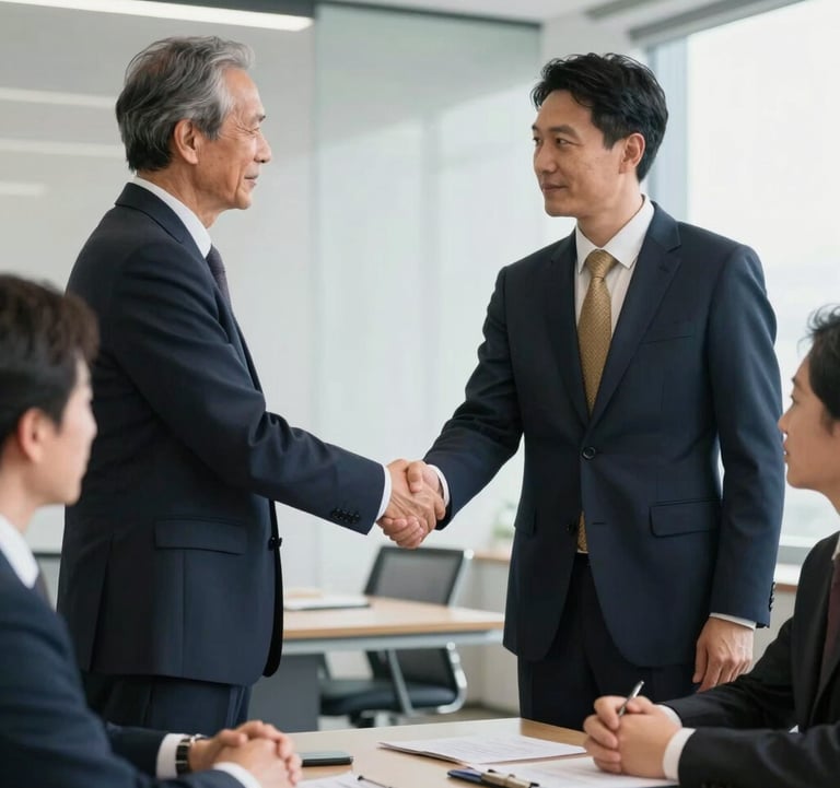 A professional photograph of an International / Business meeting taking place in a bright office, showing a handshake between professionals with a dark navy blue suit and gold tie details.