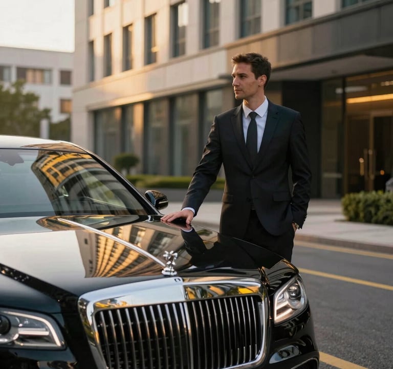 Photography of a professional private chauffeur standing beside a black luxury car outside a modern corporate hotel in an International / Business city. The lighting is golden hour, highlighting the car's polished surface with hints of bright yellow light reflections.