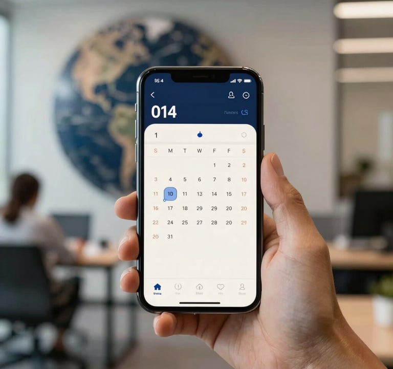 A blurred International / Business office background with a focused smartphone screen showing a calendar app, Dark Navy Blue and Soft Off-White accents.