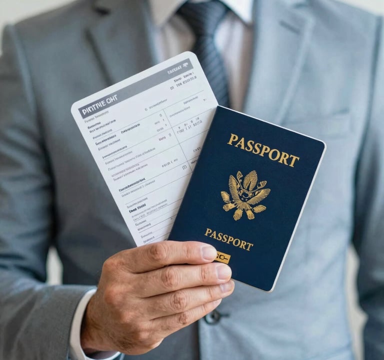 A close-up photograph of a professional in an International / Business setting holding a travel itinerary and a passport, with soft slate blue and bright gold accents in the background.