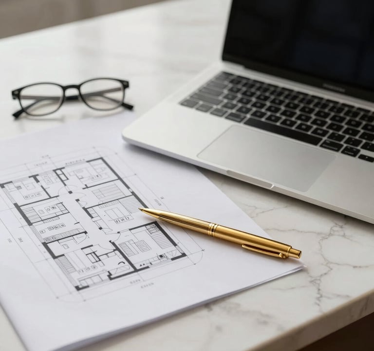 A high-end photograph of a professional International / Business workspace with a laptop, architectural plans, and a bright gold pen on a soft off-white marble desk.