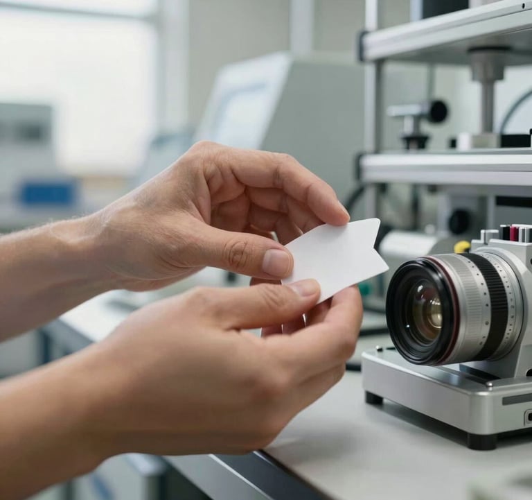 Photography close-up of hands inspecting product details in a factory setting, bright natural light, professional atmosphere, International / Business context.