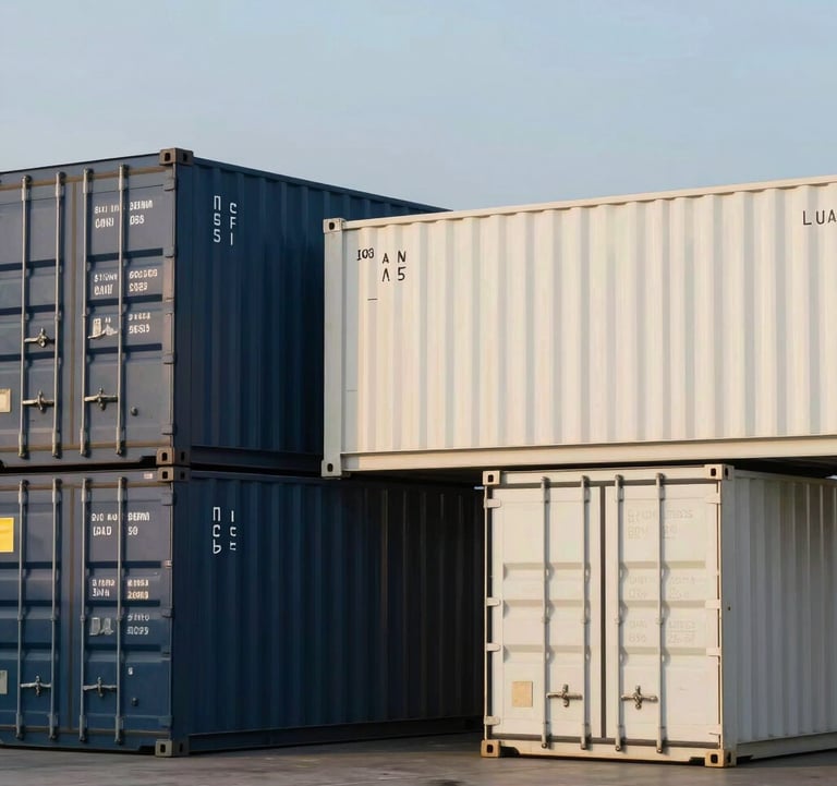 A clean, minimalist photograph of an International / Business logistics hub with shipping containers in dark navy blue and soft off-white, illuminated by bright gold morning light.