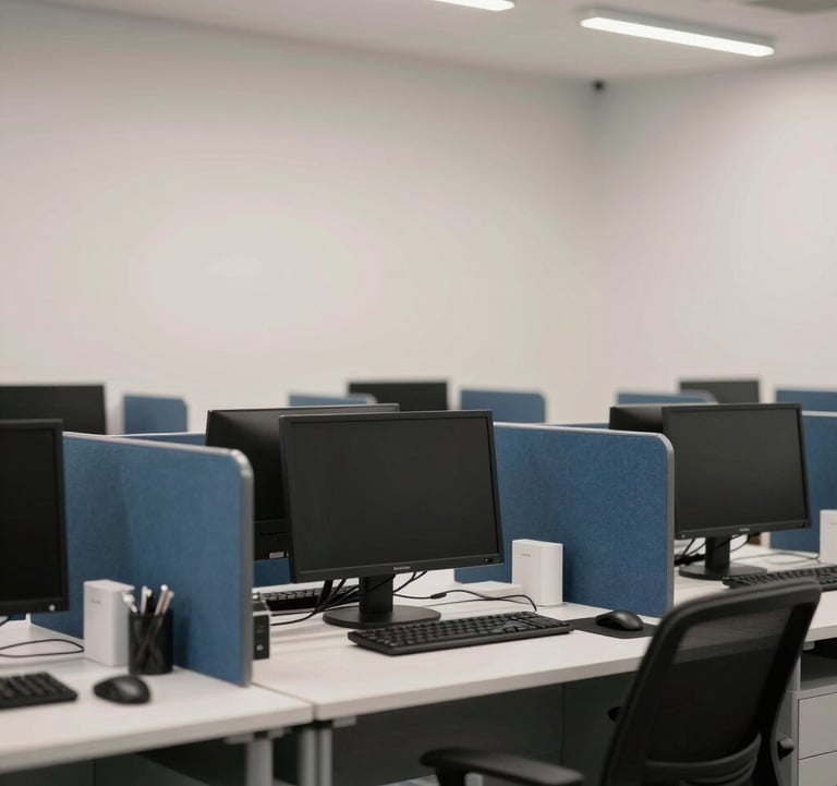A modern workspace in an International / Business center, Soft Off-White walls, Steel Blue desk accessories, professional atmosphere.