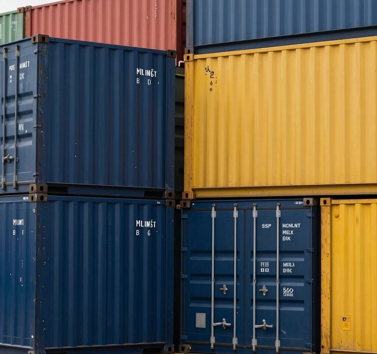 Photography of a row of colorful shipping containers in a harbor, sharp focus, modern industrial style featuring Midnight Navy Blue and Warm Sunshine Yellow accents.