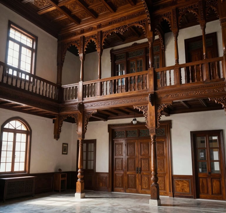 A detailed shot of the interior of a historic Trabzon mansion, featuring intricate woodwork and Eastern European / Turkish design elements, bathed in soft afternoon light.