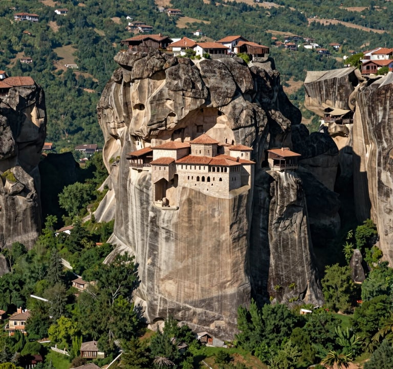 A stunning architectural photograph of the Sumela Monastery carved into the steep cliffs of Maçka, surrounded by emerald green forests. The lighting is crisp and professional, showcasing this iconic Turkish attraction.