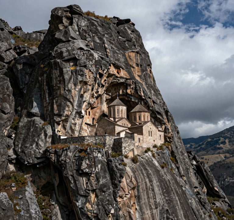 The iconic Sumela Monastery built directly into the face of a steep cliff in Altindere National Park, Trabzon. The scene is dramatic with swirling clouds and dark stone textures, capturing the essence of Eastern European / Turkish history.