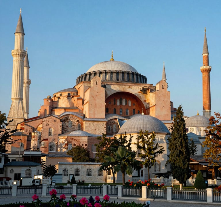 Photography of the Hagia Sophia Mosque in Trabzon, highlighting its historic red-brick Byzantine architecture and arched windows against a bright sky blue morning sky, surrounded by vibrant local flora, Eastern European / Turkish setting.