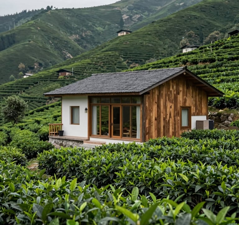 An inviting photo of a traditional yet modern boutique bungalow overlooking a lush tea plantation in the Eastern European / Turkish highlands of Trabzon. The scene is tranquil and relaxing.