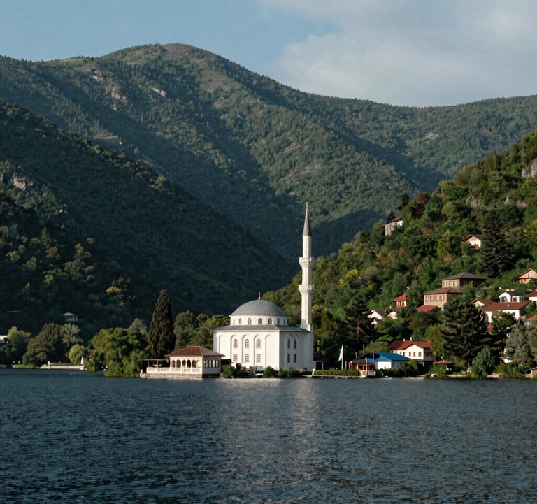 A scenic view of Uzungol lake in Trabzon with the iconic white mosque at its edge. Lush green mountains rise sharply around the calm water under a soft sky blue sky. Eastern European / Turkish architecture and nature photography.