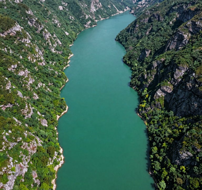 A cinematic aerial view of the turquoise waters of Uzungol lake nestled between steep, emerald green cliffs in the Trabzon region. The composition is clean and refreshing, emphasizing the natural beauty of the Eastern European / Turkish wilderness.