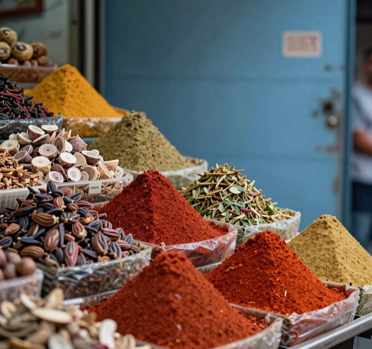 A vibrant photograph of a local Trabzon market stall featuring fresh local produce and red spices. The textures are sharp and the colors pop against the muted blue background. Eastern European / Turkish atmosphere.