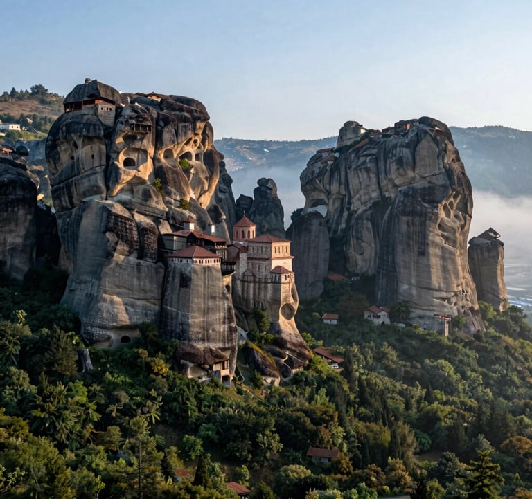 A breathtaking photograph of the Sumela Monastery carved into a steep cliffside in Trabzon. The scene is surrounded by dense green forests and light mist, with the ancient stone structures standing out against the dark navy rock faces, shot during the soft light of a pale blue morning.