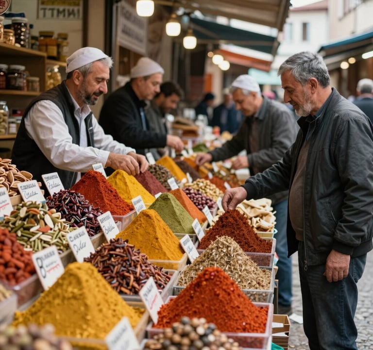 A lifestyle photo of a traditional Turkish market in Trabzon, showing colorful spices and friendly locals. The lighting is natural and vibrant, capturing the local charm.