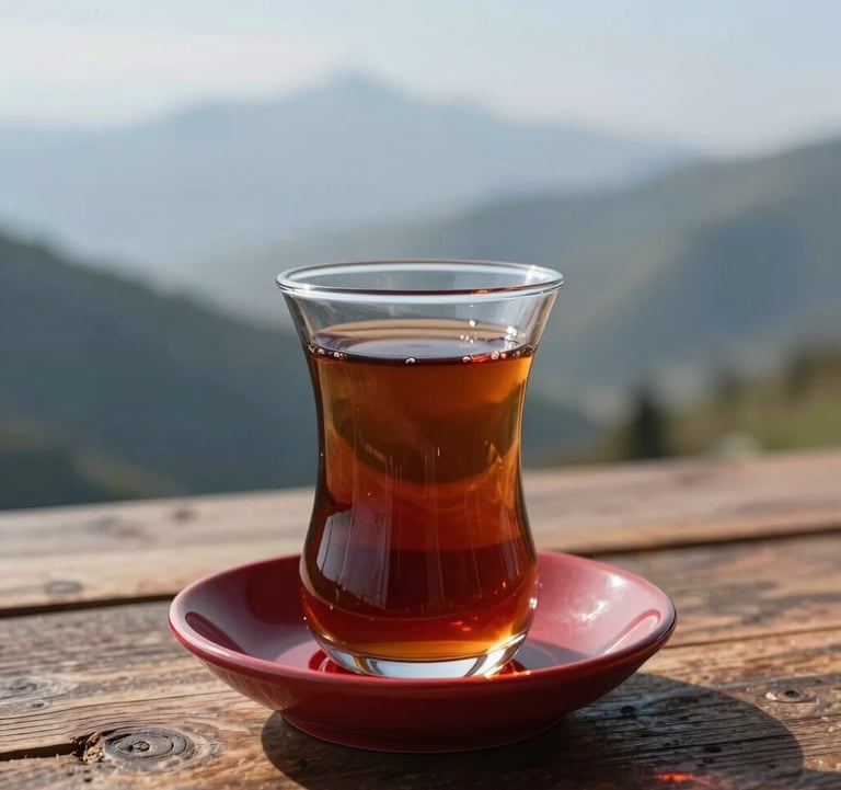 Close-up photography of traditional Turkish tea in a tulip-shaped glass on a dark red saucer. The glass sits on a rustic wooden table with a blurred background of misty mountains and pale blue sky in the Eastern European / Turkish highlands.