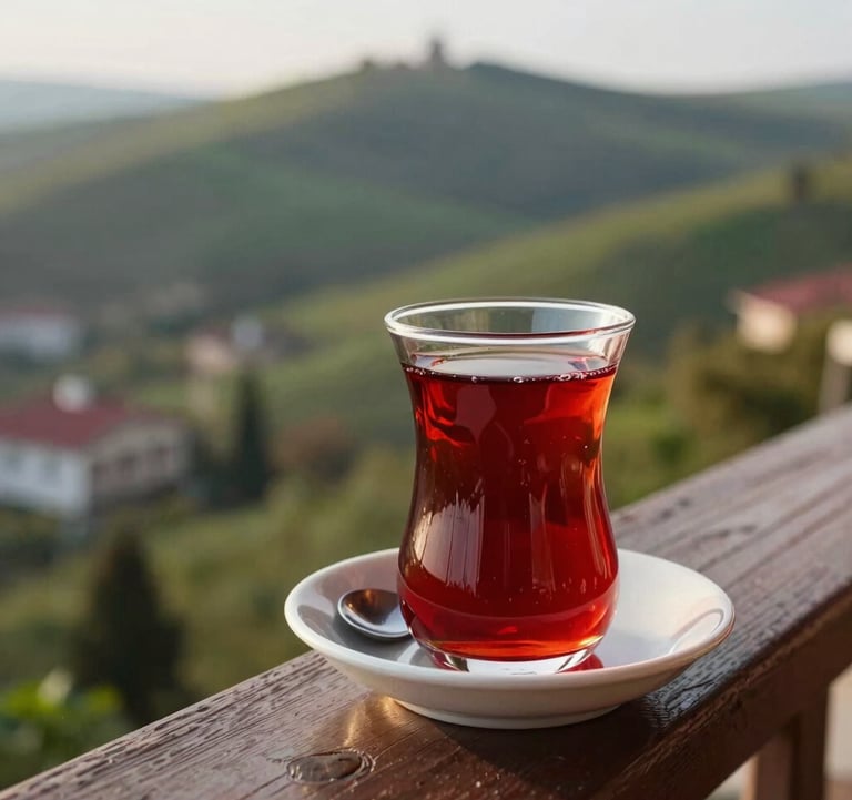 A close-up photograph of a traditional Turkish tea service on a balcony overlooking the green hills of Trabzon. A red tulip-shaped glass sits on a saucer. The lighting is warm afternoon sun. Eastern European / Turkish setting.