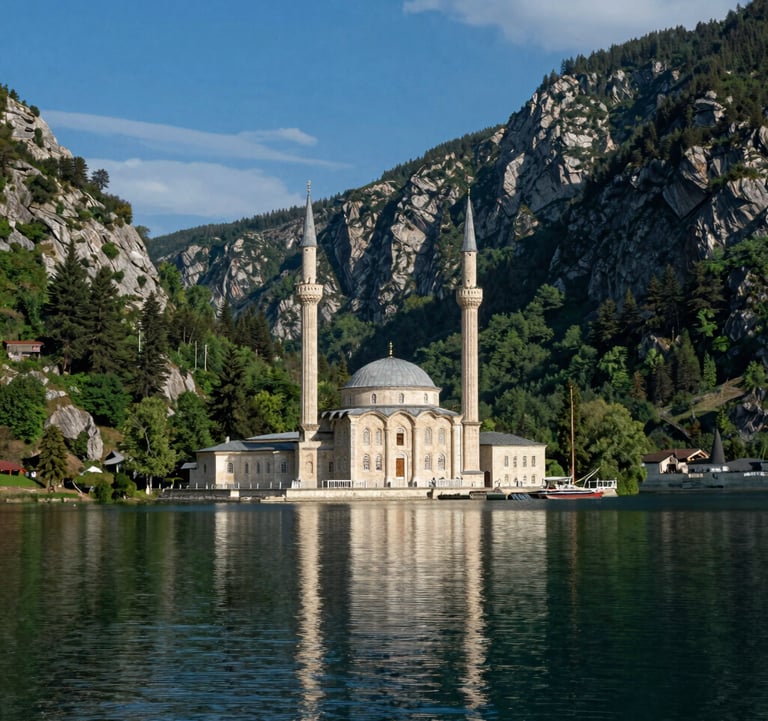 A serene shot of Uzungöl lake with its famous mosque, surrounded by steep mountain walls and pine trees. The water reflects the sky blue and green colors of the landscape.