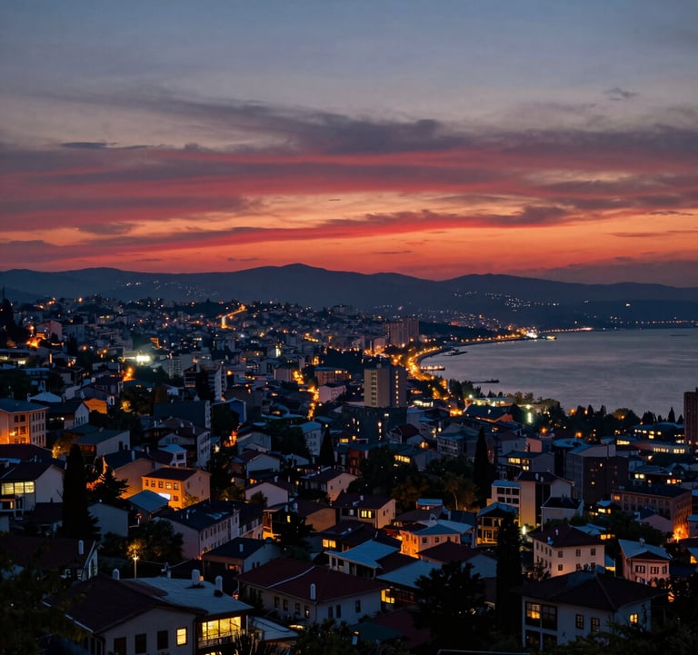 A panoramic sunset view over Trabzon city from Boztepe Hill. The sky is a gradient of dark red and pale blue, with the city lights beginning to twinkle along the Black Sea coast. The composition is professional and atmospheric, highlighting the Eastern European / Turkish architecture.